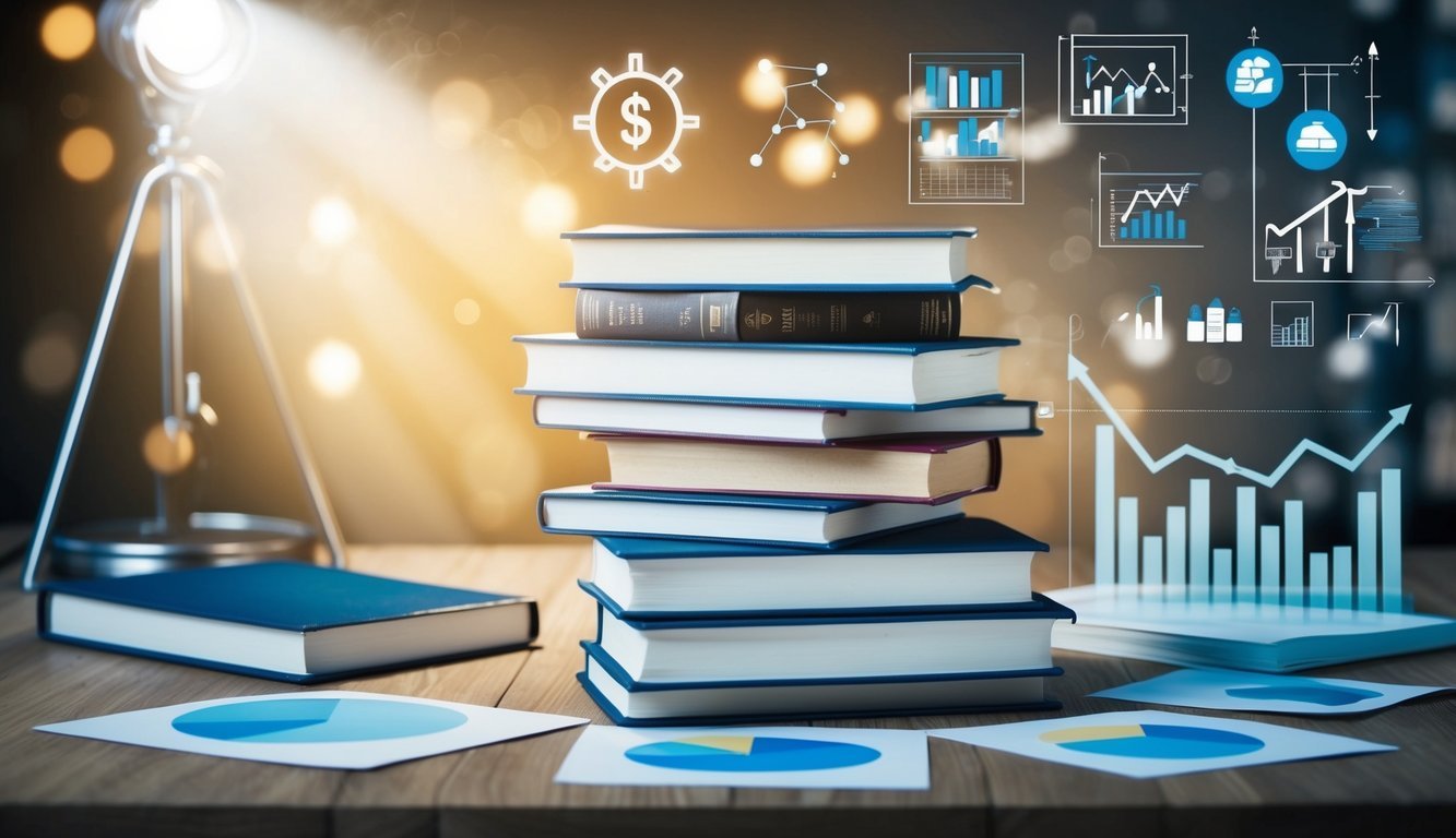 A stack of books on economics with a spotlight shining on them, surrounded by various economic symbols and graphs