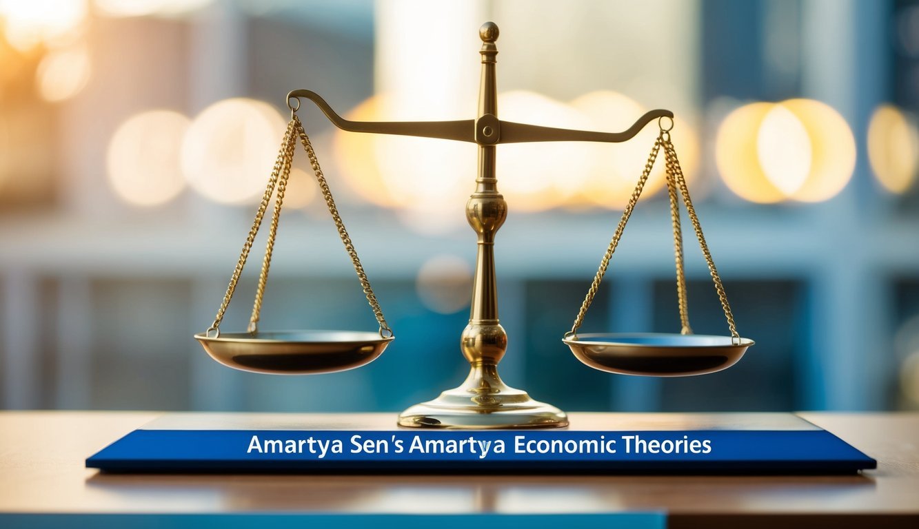 Amartya Sen's economic theories represented through a balance scale with various elements of welfare on one side and economic indicators on the other