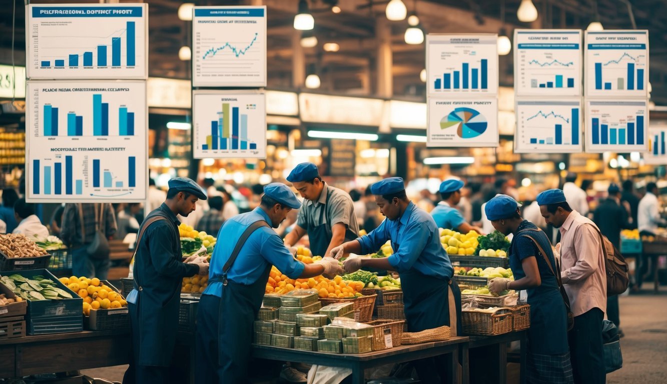 A bustling marketplace with workers exchanging goods, surrounded by charts and graphs illustrating economic theories