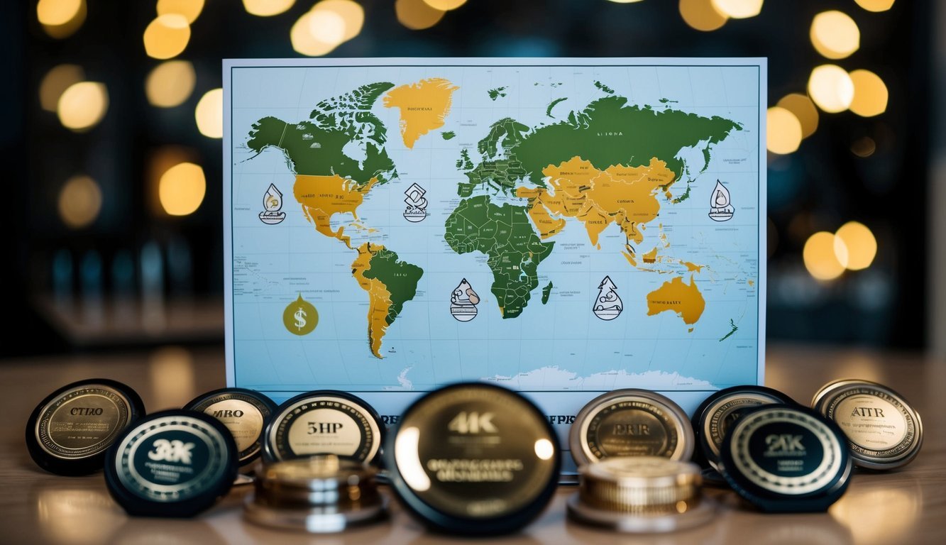 A world map with highlighted regions and symbols of economic progress and well-being, surrounded by accolades and awards