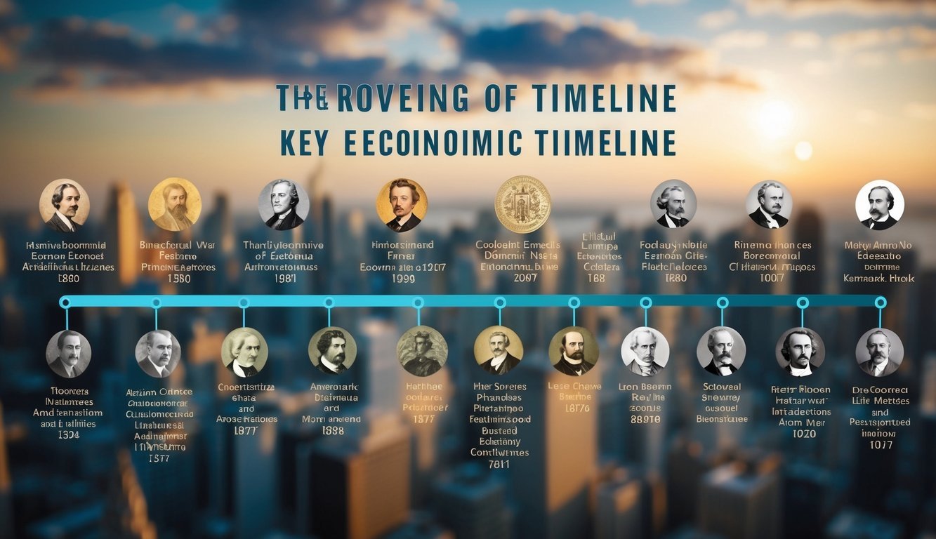 A timeline of key economic events and influential figures, from ancient civilizations to modern theories, displayed in a linear fashion