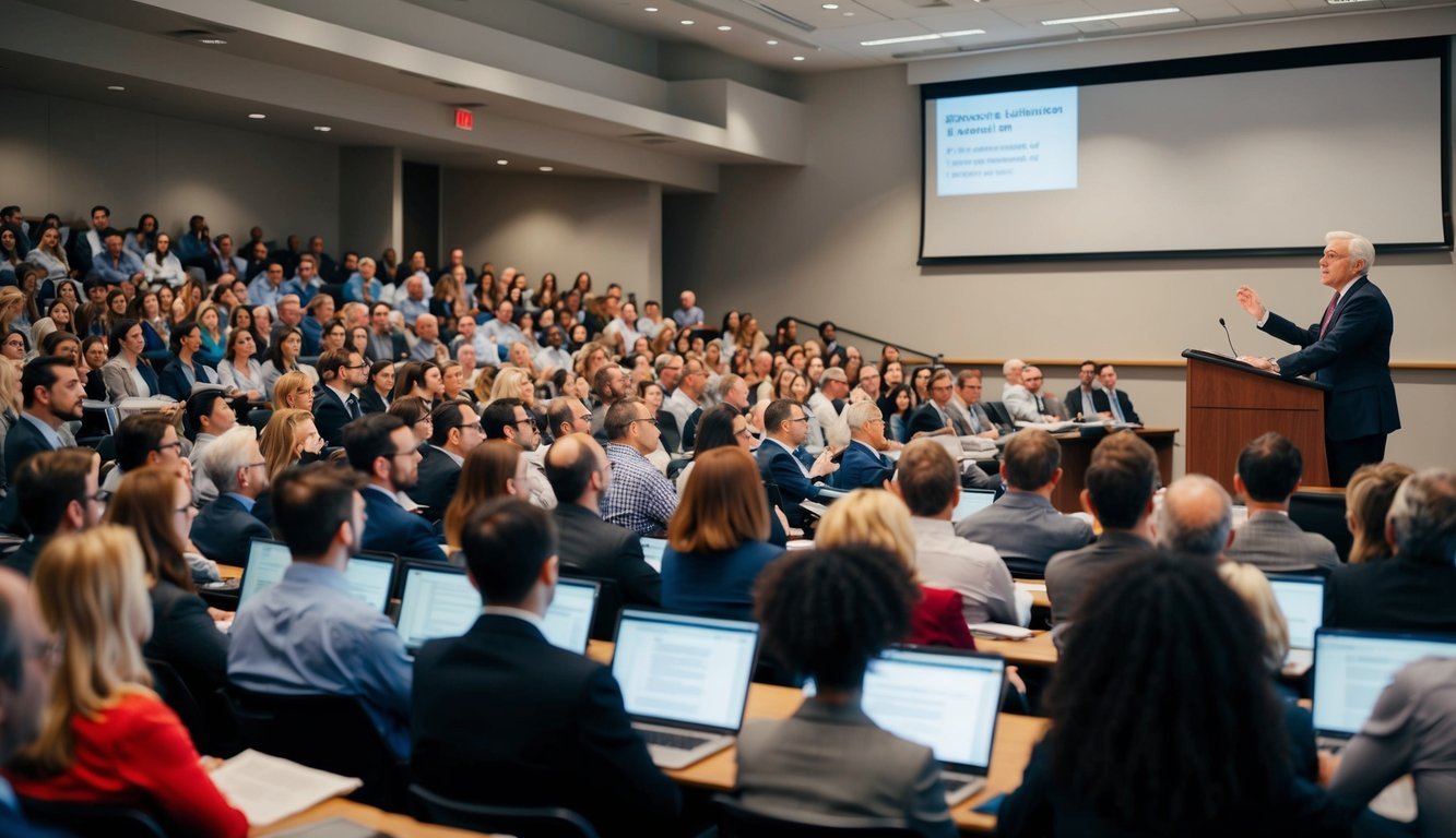 A crowded lecture hall with a prominent economist presenting a new economic theory to a group of attentive listeners