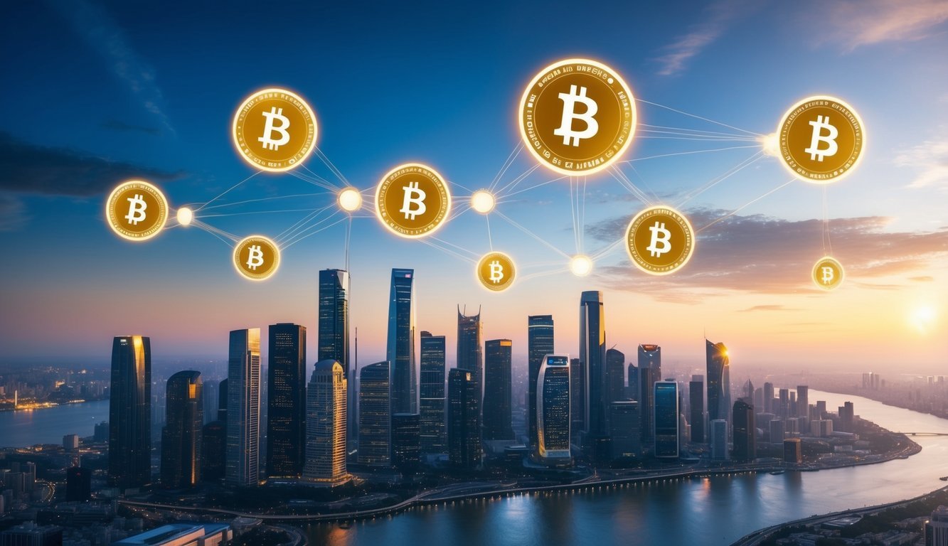 A futuristic city skyline with digital currency symbols floating above, interconnected by glowing blockchain pathways