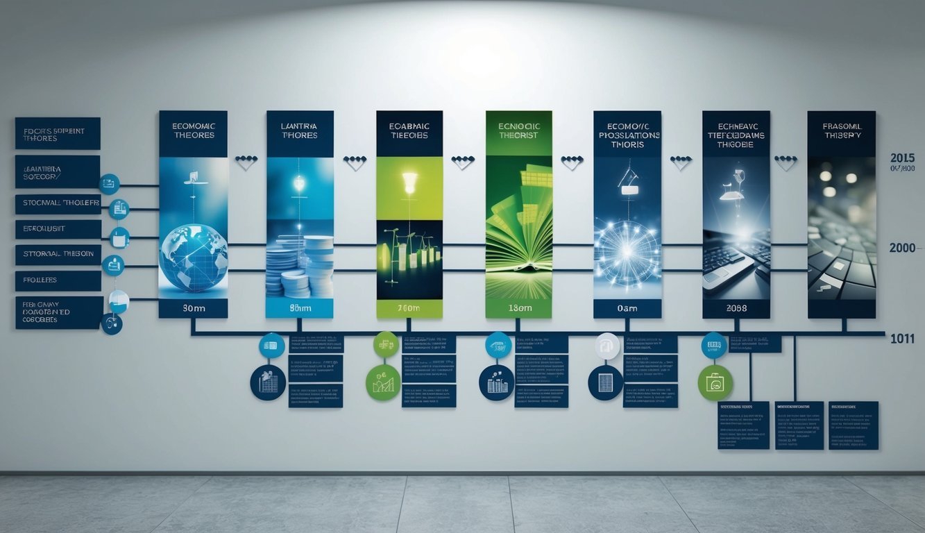 A timeline of economic theories, from ancient to modern, displayed on a wall with clear progression and connections between each theory