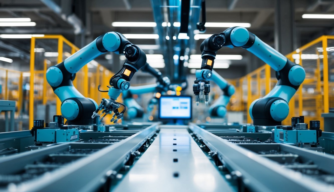 A futuristic factory floor with robotic arms assembling products while AI algorithms monitor and optimize the production process