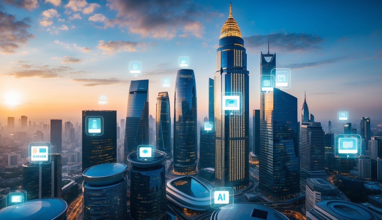 A bustling city skyline with futuristic buildings and glowing digital screens, showcasing the integration of AI in business and innovation