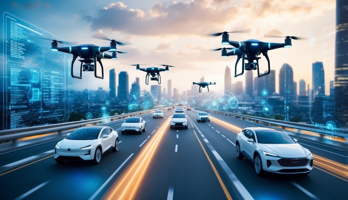 A futuristic cityscape with AI-powered drones and autonomous vehicles navigating the streets, while data streams and algorithms are depicted in the background