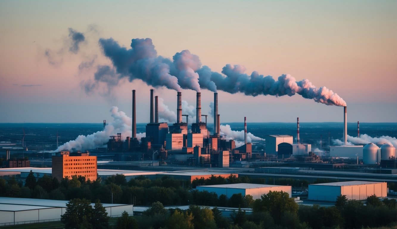 A city skyline with factories emitting pollution, while renewable energy sources power nearby buildings