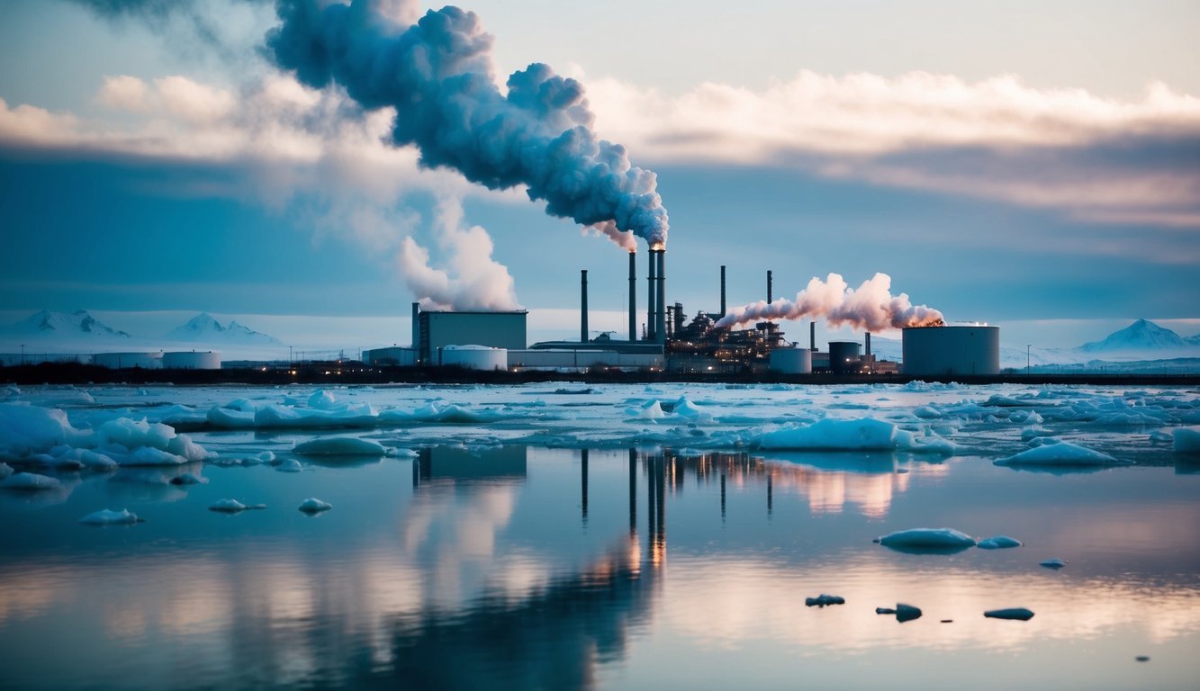 A factory emitting pollutants into the air while surrounded by melting ice caps and extreme weather conditions