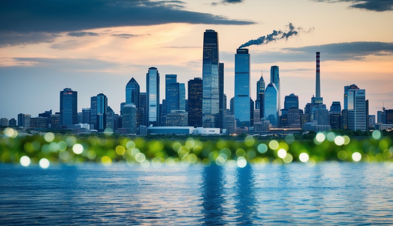 A city skyline with renewable energy sources, clean air, and thriving green spaces contrasted with pollution, extreme weather, and economic decline