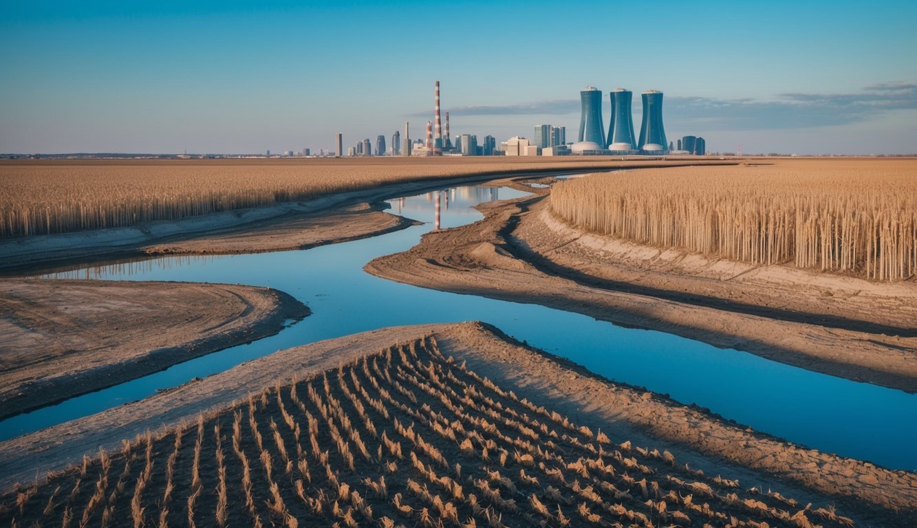 A barren landscape with wilted crops and dried-up rivers, contrasted with a futuristic city powered by renewable energy sources