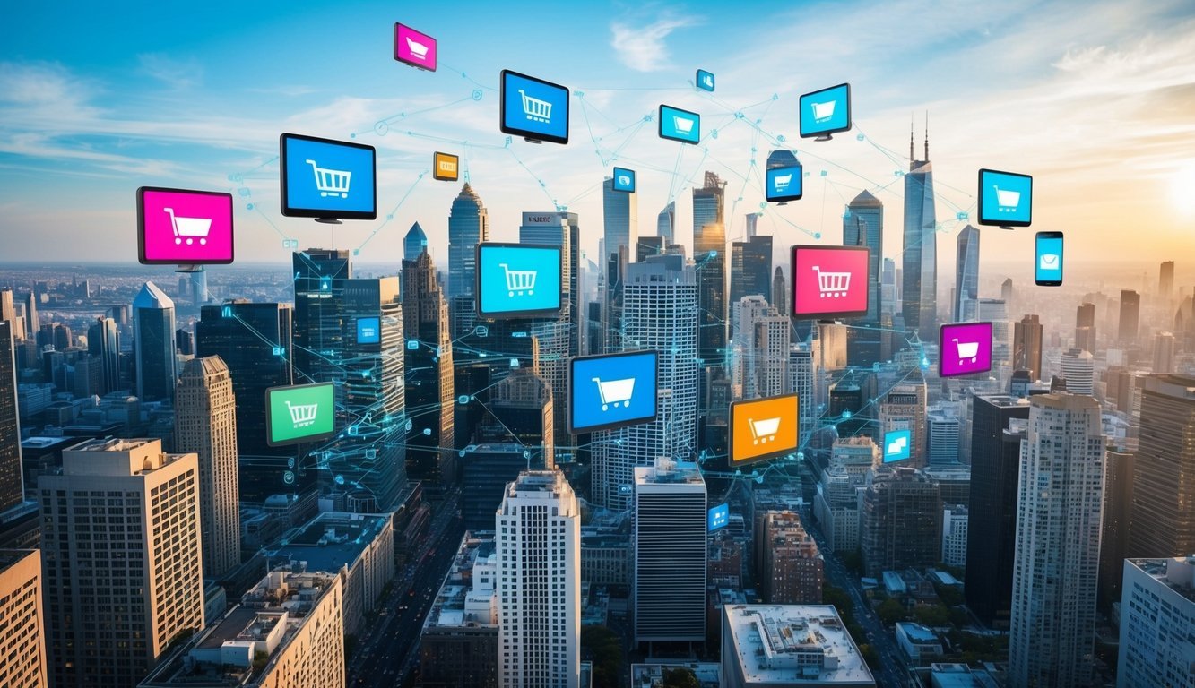 A bustling city skyline with digital screens and online shopping symbols floating in the air, connected by streams of data and electronic devices