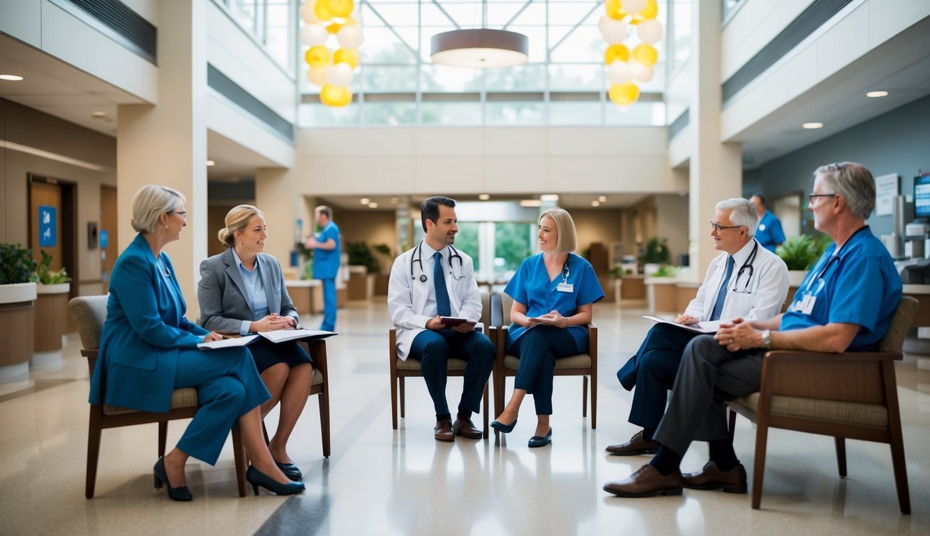 Medical professionals in a circle, discussing in a bright, modern hospital lobby