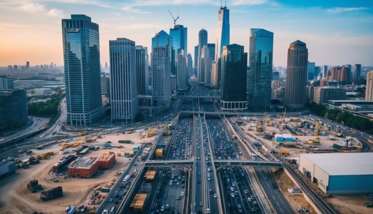 Aerial view of a city with skyscrapers, highways, and construction